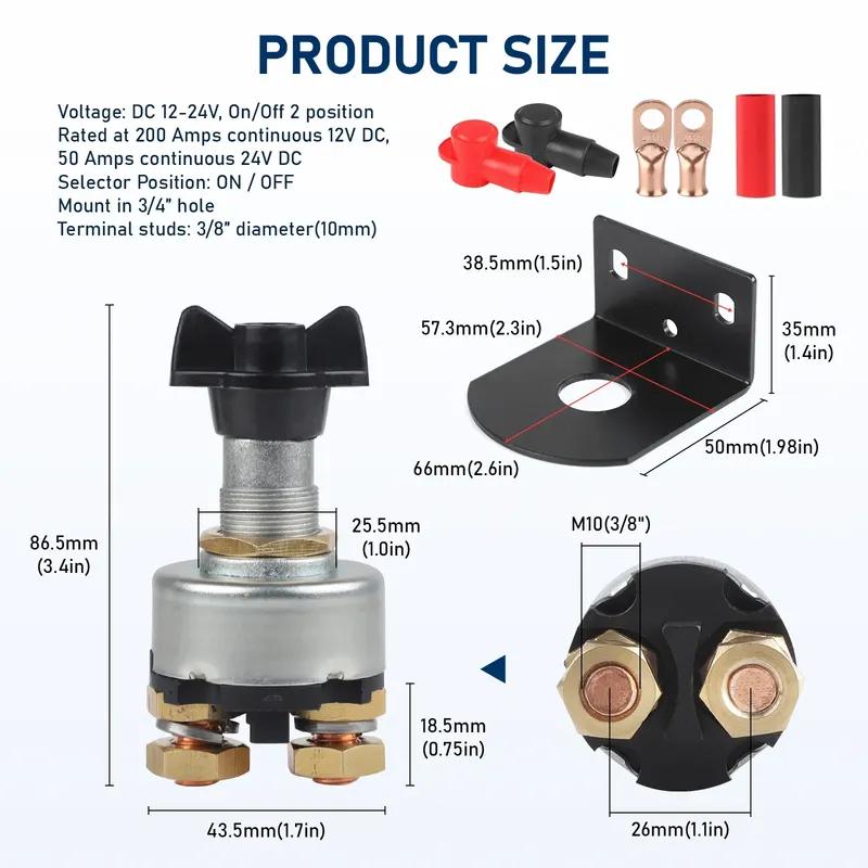 CNSPEED 12-48V DC 200A Battery Disconnect Switch with Side Post Mounting Bracket For Car Marine Boat RV Camper Cut Off Switch