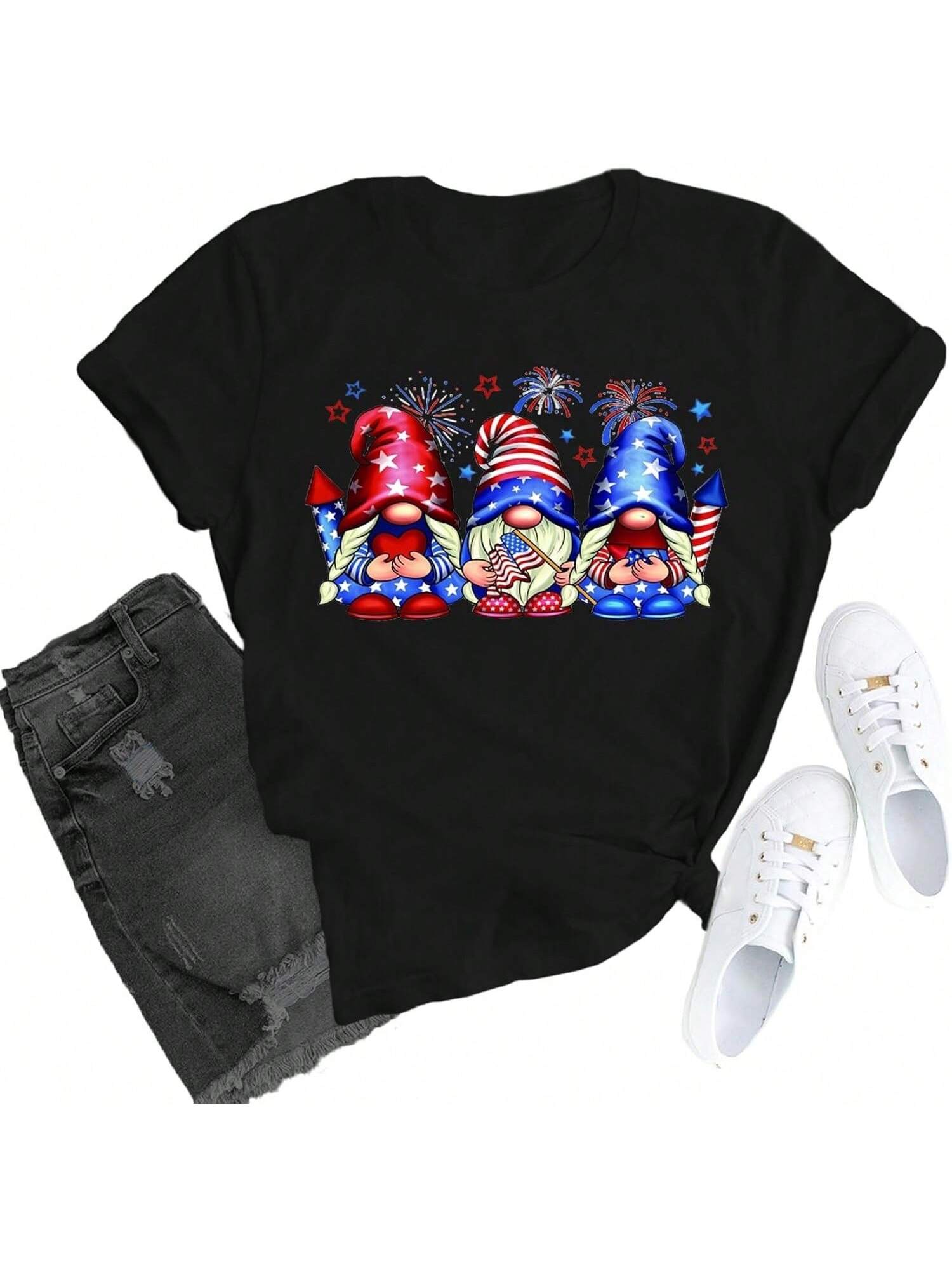 Wounisex American Flag Shirt USA Gnomes Firework Patriotic T-Shirt 4th Of July Crewneck Tee S разноцветный