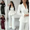 Womens 2-Piece Smart Casual Suit Set: Long Sleeve Blazer Straight Leg Pants Slim Fit Poly-Ami Blend All Season