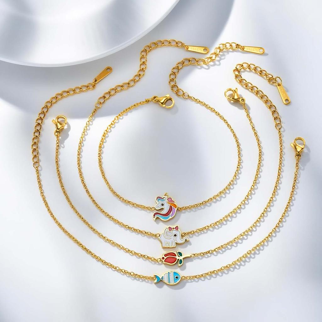 Pulsera Dulce con Patrón de Unicornio y Rosas para Mujeres Niñas, Pulseras de Elefante de Acero Inoxidable Color Dorado, Lindo Regalo de Joyería