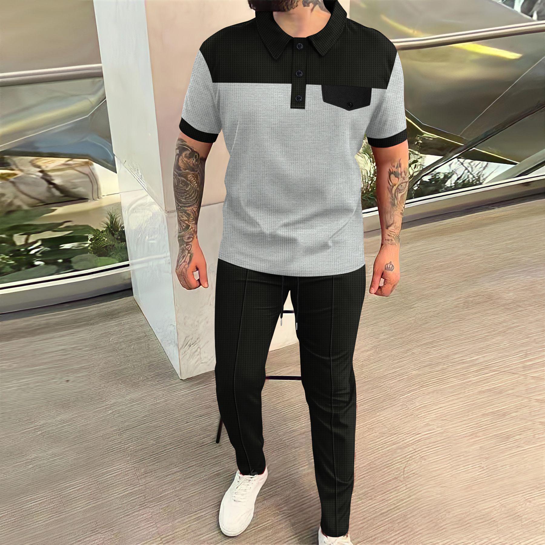 

Мужской вафельный трикотажный комплект в стиле пэчворк с цветными блоками, отложным воротником и нагрудным карманом XXXL серый