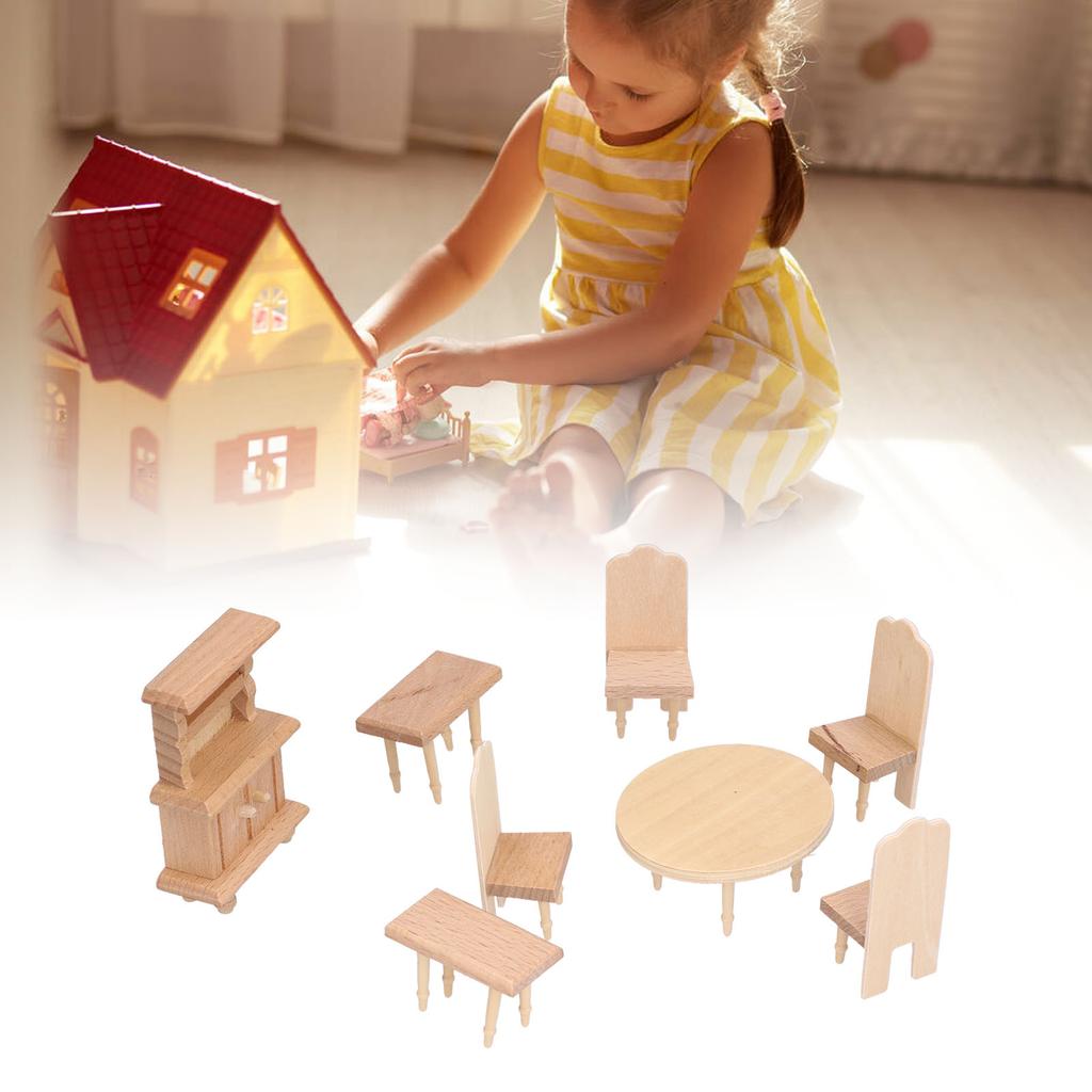 Ensemble miniature de maison de poupée table à manger et chaises 1:Accessoires de Maison de Poupée Échelle 1:12 pour Salon Salle à Manger Chambre à Coucher Série Salle à Manger