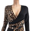 Contrast Color V Neck Zipper Waist Sexy Lady Leopard Geometry Print Belt Long Sleeve Lady Dress