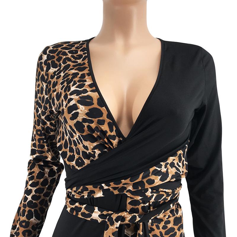 Contrast Color V Neck Zipper Waist Sexy Lady Leopard Geometry Print Belt Long Sleeve Lady Dress