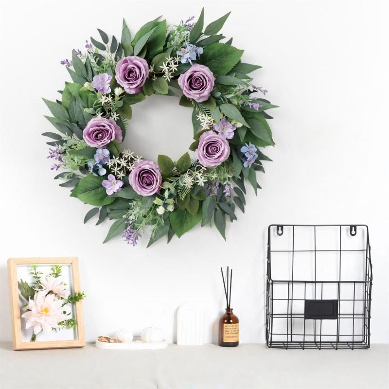 Artificial Flower with Leaf Realistic Purpler Rose Wreath Decoration for Door Window Hallway Farmhouses Wedding Wreath