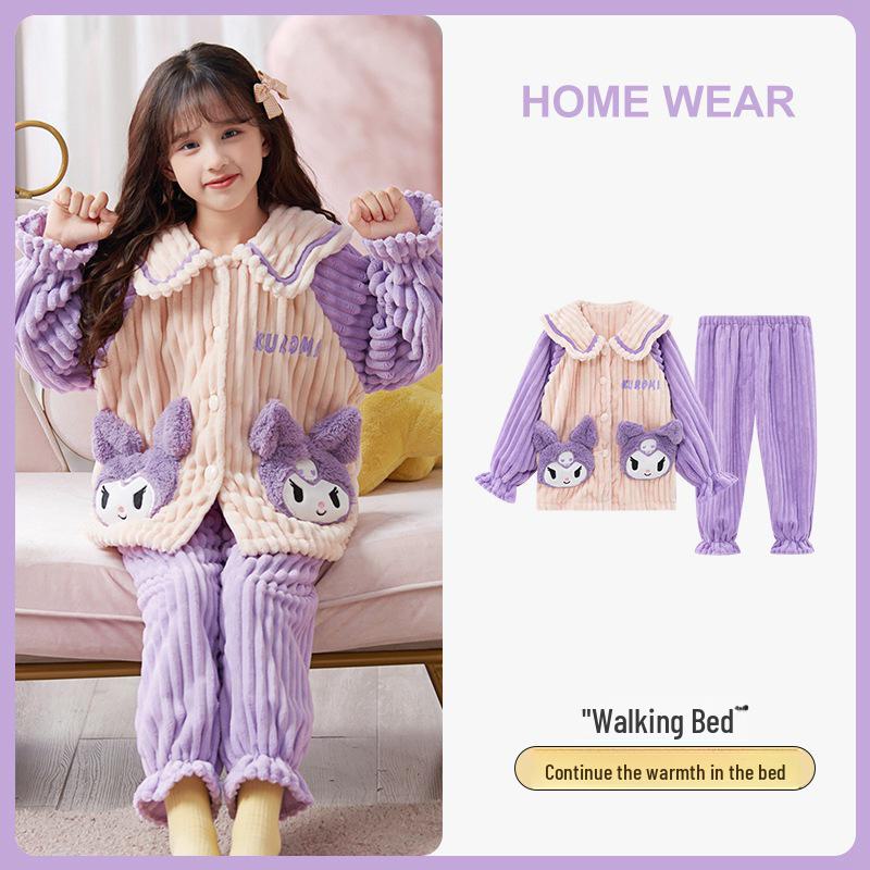 Kids' Flannel Cartoon Pajamas - Warm Coral Fleece for Girls, Autumn/Winter Collection