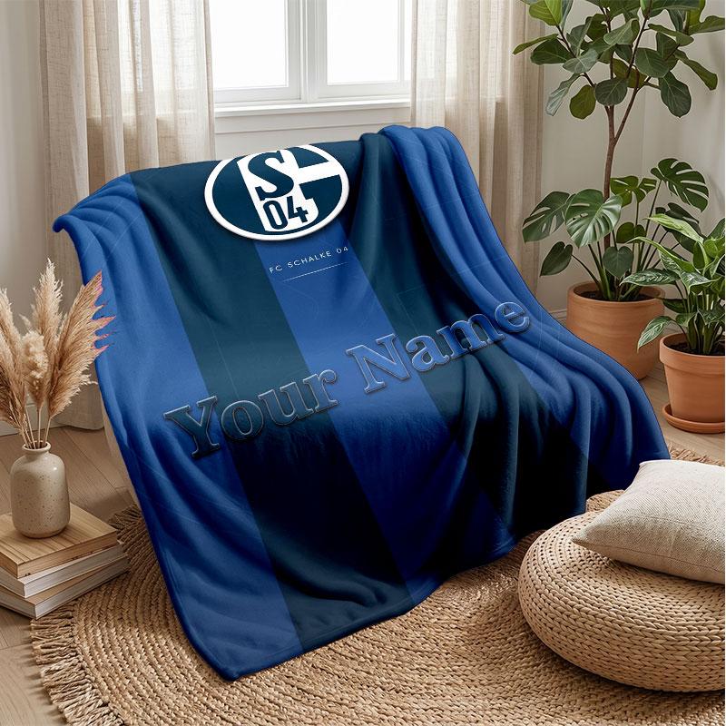 Schalke 04 FC Custom Name Text Flannel Blanket Soccer Logo Personalized Fleece Throw Blanket Special Gift For Sofa Bedroom Home