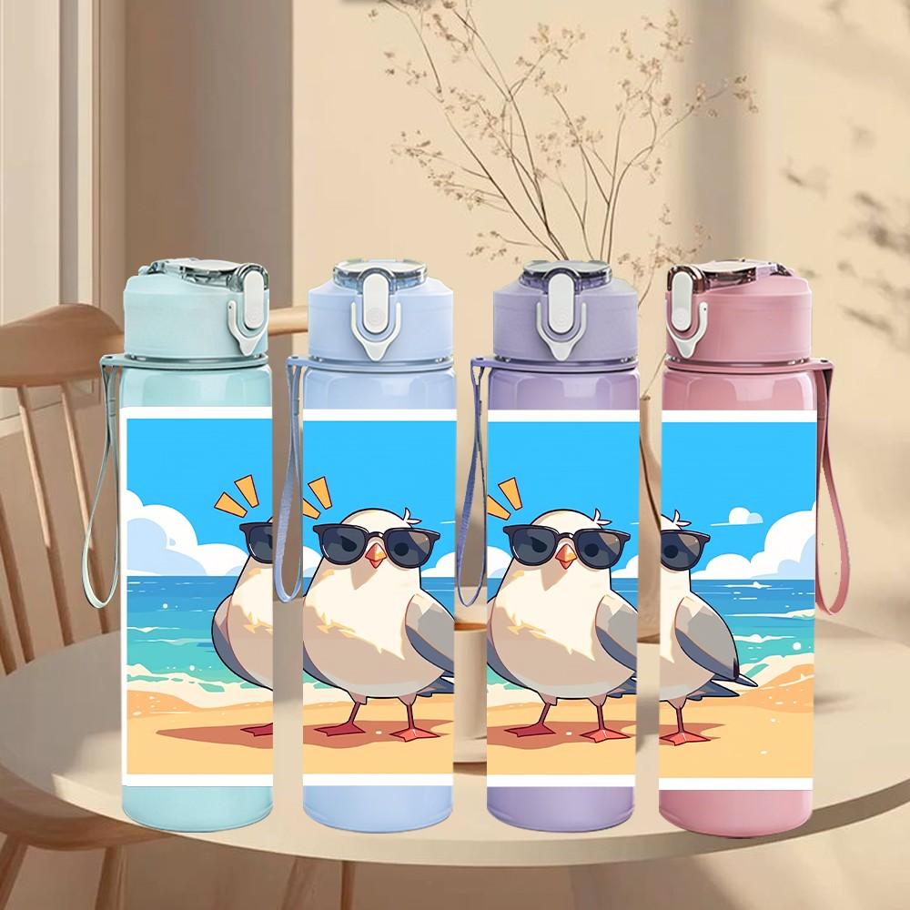 1PC Seagull On Beach Coast Scenery Print 750ml Color Plastic Sports Water Bottle Leakproof Flip Straw Lid Suitable for Sports Office Home Use