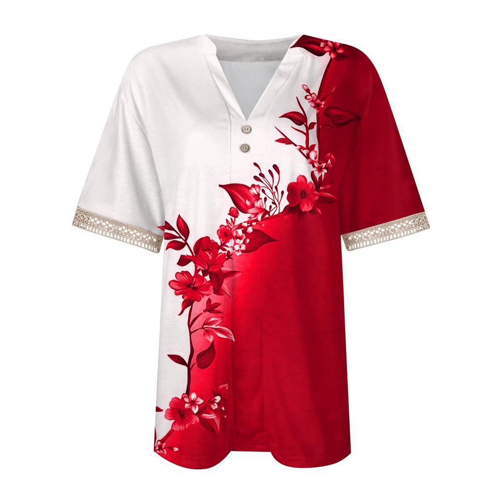 Women's Top Loose Casual V-Neck Lace Sleeve T-Shirt Short Sleeve Floral Print Top