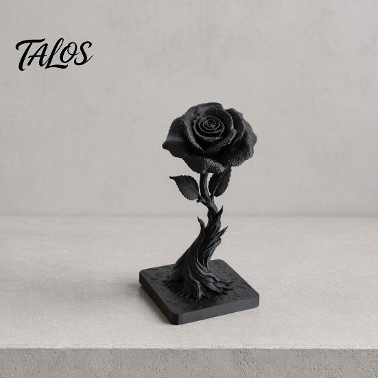 Talos 3D Printed Black Rose Statue Ornament, Gothic Dark Style Figurine, Artistic Flame Base Flower Decor, Exquisite Decoration for Home Office