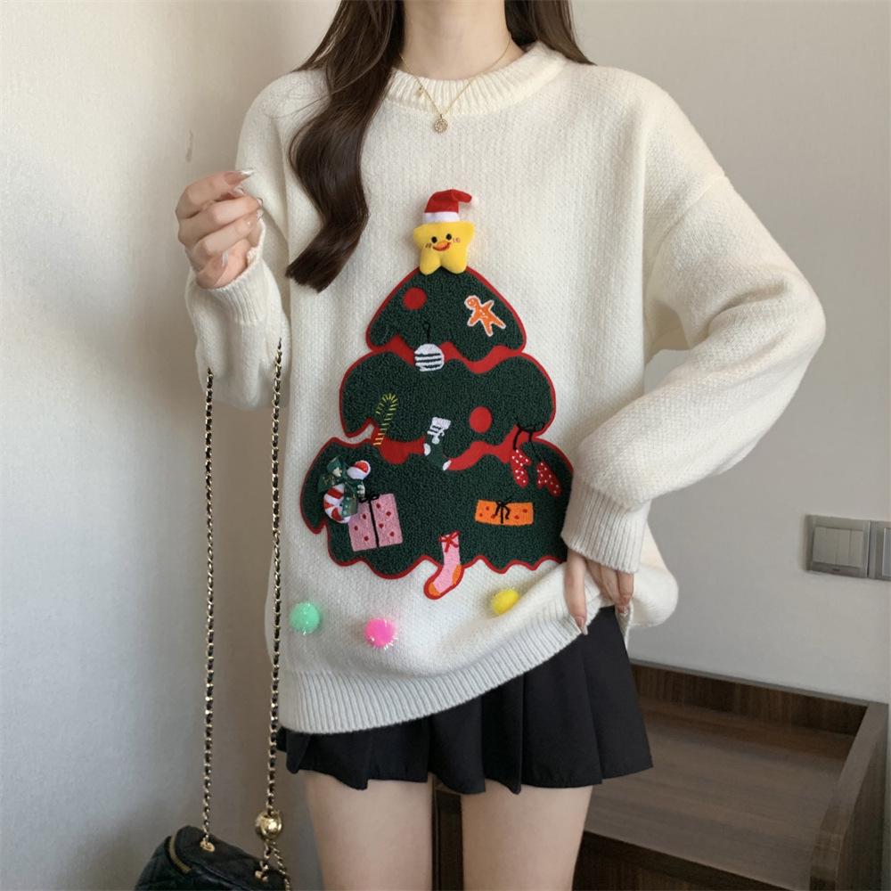 Women's Red Christmas Pullover Sweater - Casual Round Neck Knitwear for Autumn/Winter 2025