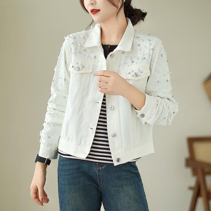 

Fashionable Women s Slim Fit Diamond Embellished Denim Jacket Style Heavy Embroidery Outerwear Top XS белый