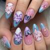 30-piece Set 3D Flower Press-on Nails Almond-shaped Pinkish Purple Artificial Nail Tips Gradient Pink Reusable Gel Fake Nails