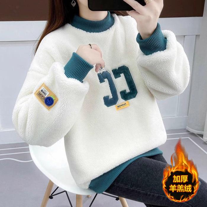 

Spot fleece lamb wool sweater women s winter color matching jacket women s Korean version trendy loose long-sleeved versatile top #2083 2XL