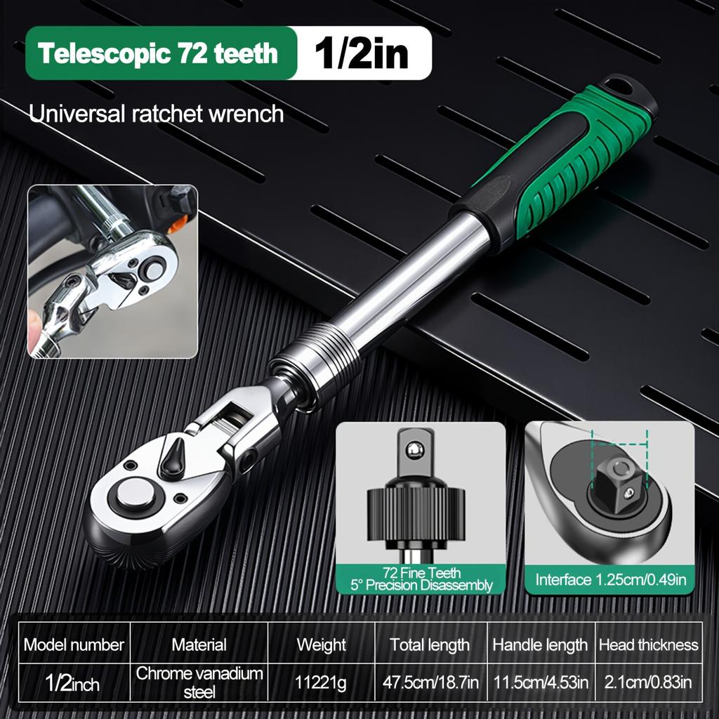 72-Tooth Ratchet Wrench Set, Chrome Vanadium Steel, Automatic Two-Way Mechanism, Stretchable, Ergonomic Grip, with Quick Socket