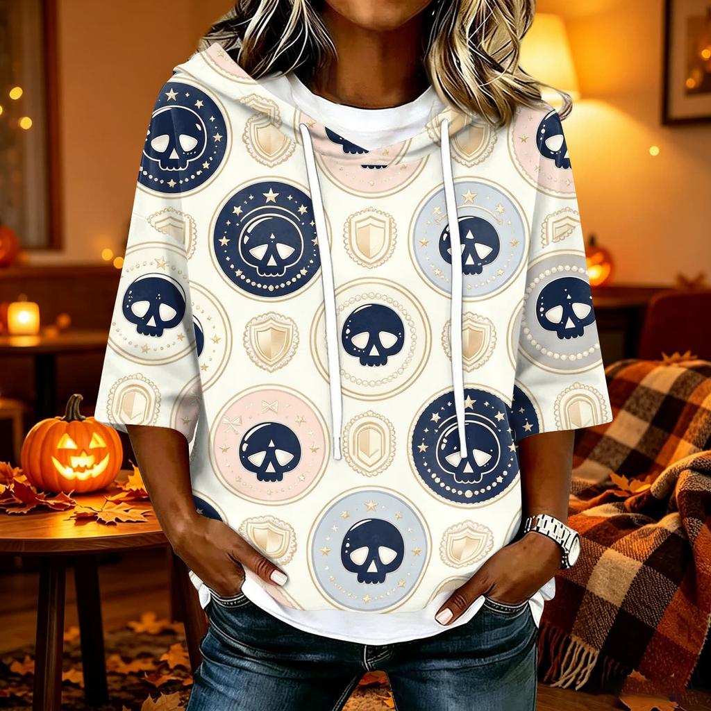Women's Halloween Printed Hooded 3/4 Sleeve Casual Loose Fit Pullover