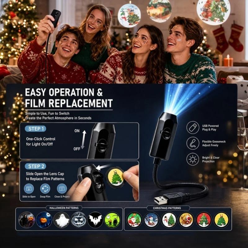 USB Operated Portable Projector Light Christmas Halloween Patterns for Bedroom Home Holiday Decoration