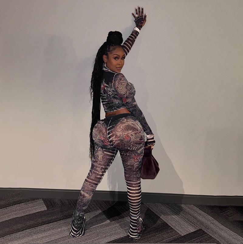 2025 Autumn Women's Sexy Mesh See-Through Print Top & High Waist Casual Pants Set