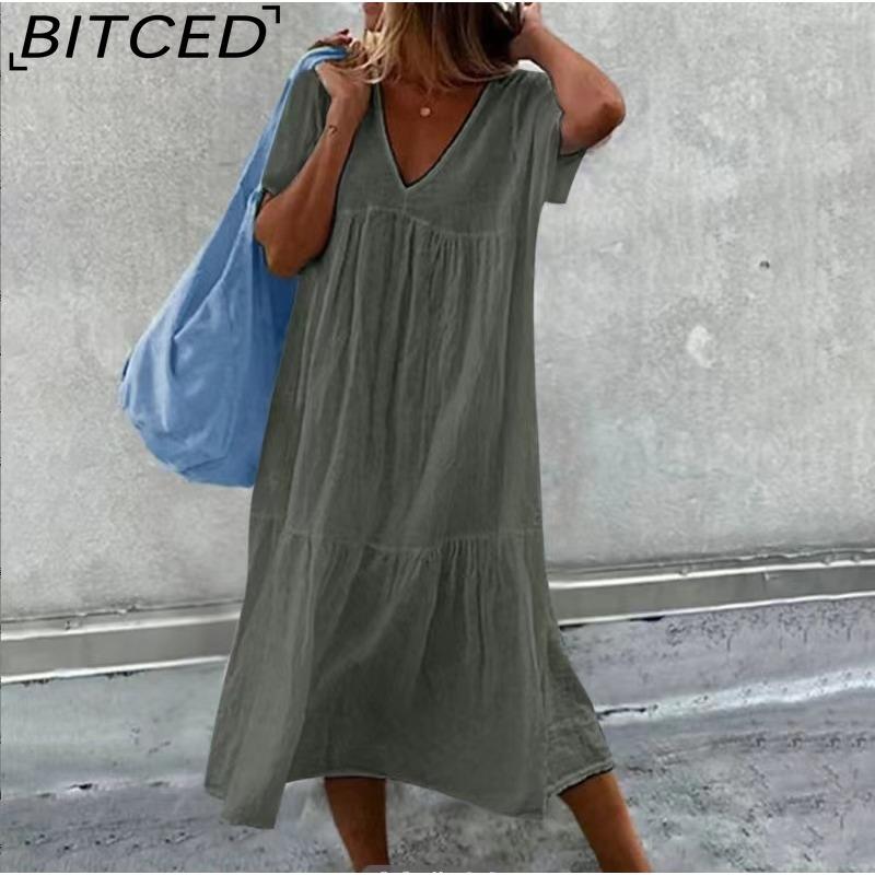BITCED Women's Fashion Summer Spring Solid Color Print Short Sleeve V-Neck High Waist Casual Dresses