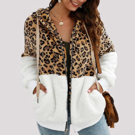 Manteau Imprimé Léopard Zippé Peluche Femme Patchwork Veste Moelleuse pour Rendez-vous