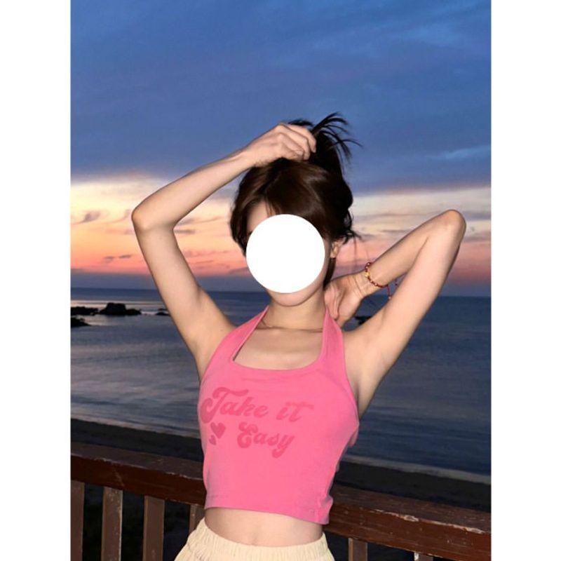American-Style Spicy Girl Halter Neck Camisole Women s Summer Pink Top Pink S