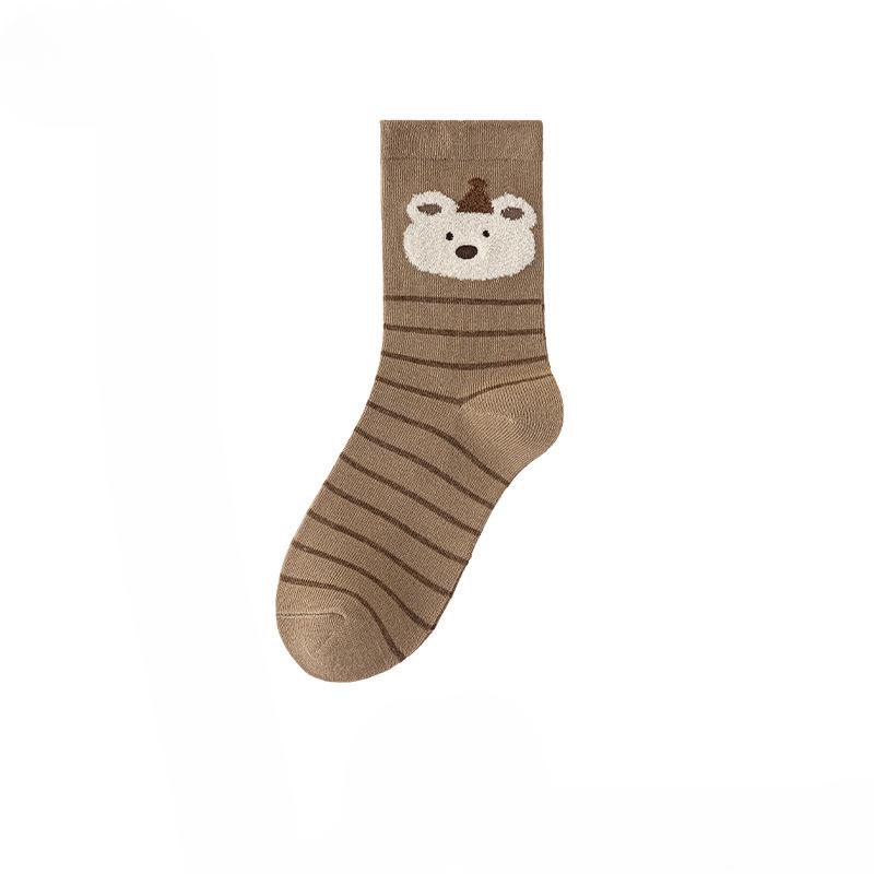 Female Autumn and Winter Striped Polka Dot Cartoon Puppy Embroidered Sweat Absorbing Breathable Tube Socks