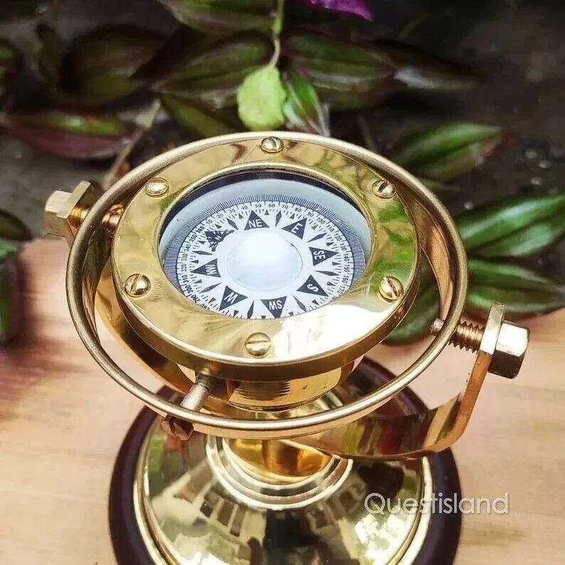 Brass Gimbal Compass with a Wooden Base Is a Wonderful Addition To Any Collecti