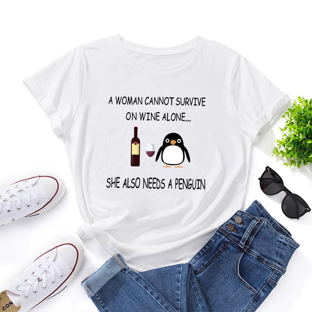 Inspirational Letters Red Wine Penguin Pattern Loose Round Neck Short Sleeved Women's T-shirts