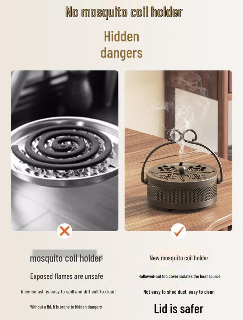 Portable Fireproof Retro Mosquito Coil Burner with Lid - Outdoor Anti-Scald Sandalwood Holder Tray