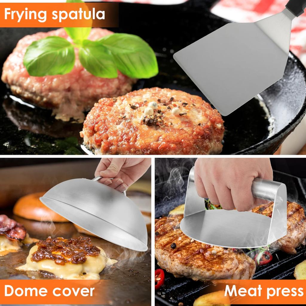 Smash Burger Kit with Lid Griddle Spatula 5.5 Inch Stainless Steel Burger Press 8.9 Inch Basting Cover 13.38 x 5.5 Inch Grill