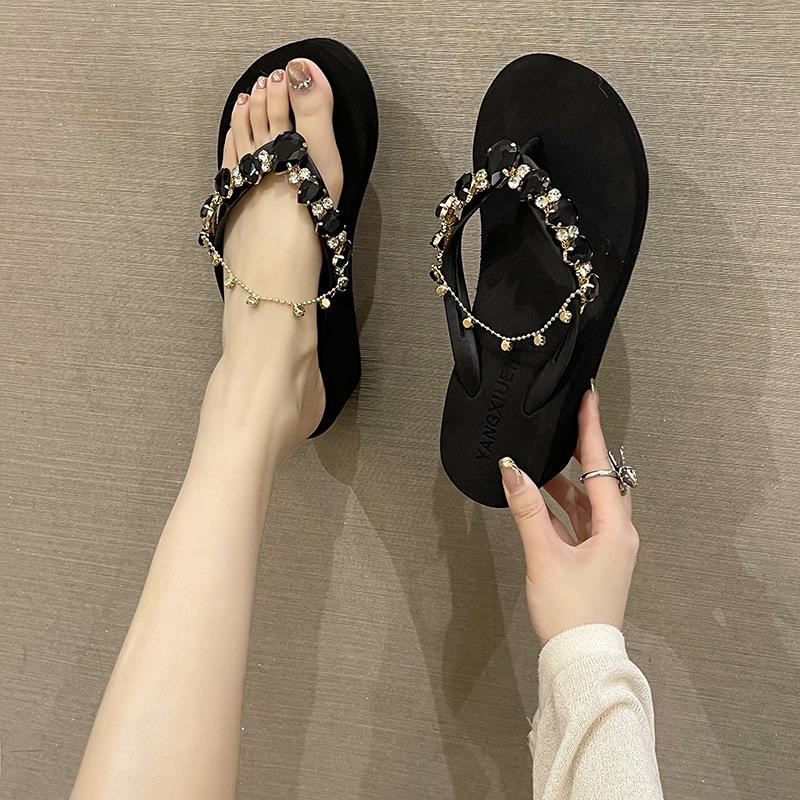 2023 Women's Summer Rhinestone Chain Flip Flops: Stylish Wedge Heel Sandals for Beach Vacations