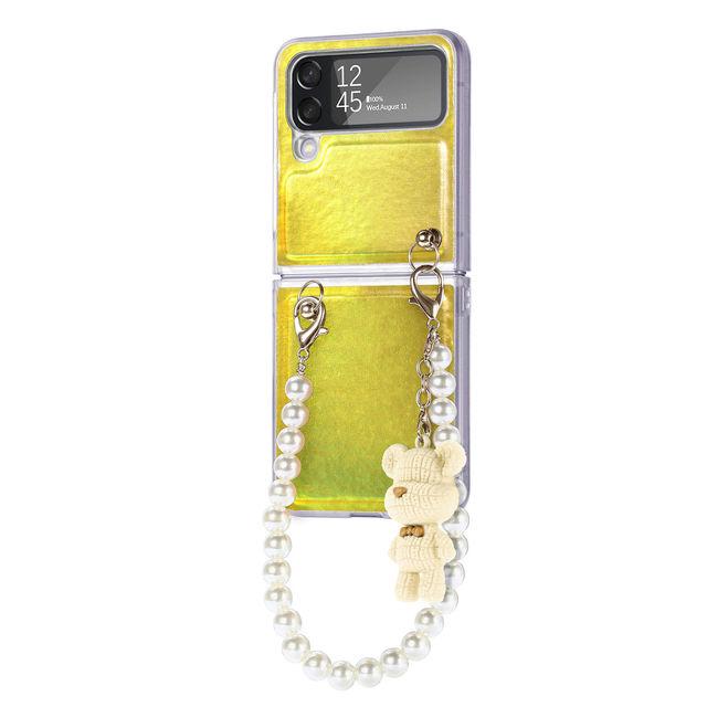 Für Samsung Galaxy Z Flip 4 5g Luxus Aurora Bunte Hülle mit Perlenkette Bär Anhänger Laser Gradient Bling Anti-Drop Cover