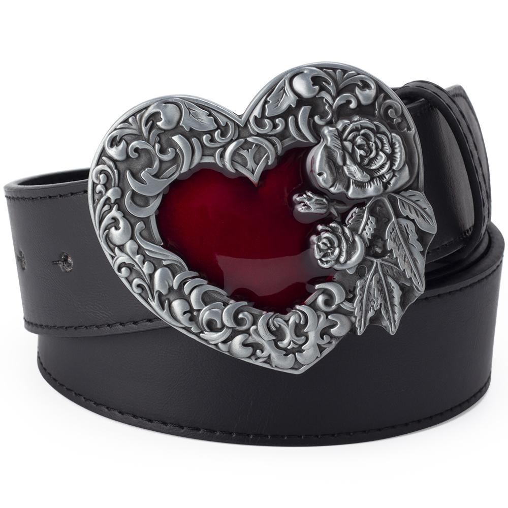 Fashion Belt Love Heart Metal Buckle Red Heart Rose Flower Design Punk Rock Belts Women Decorative Waistband Hip Hop