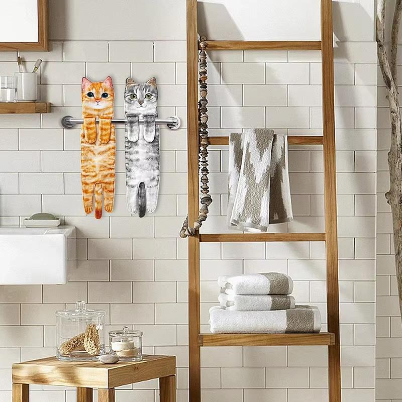 Funny Cat Hand Towels Kitchen Bathroom Hand Towel Quick Dry Soft Absorbent Microfiber Cat Shape Wipe Hands Towel For Cat Lovers
