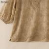 ZANZEA Women Hollow Lace Splice V-Neck Loose Casual 3/4 Sleeve Blouse