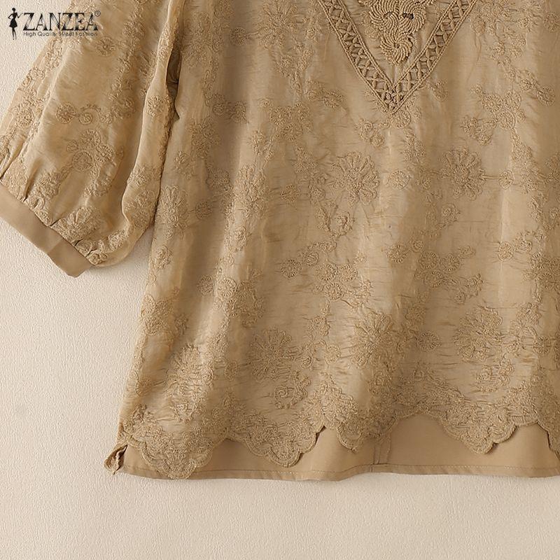 ZANZEA Women Hollow Lace Splice V-Neck Loose Casual 3/4 Sleeve Blouse