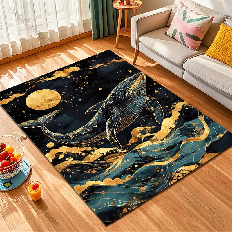 1PC Golden Whale and Moon Print Carpet Rug for Living Room Bedroom Sofa Doormat Home Decor Non-slip Floor Mat
