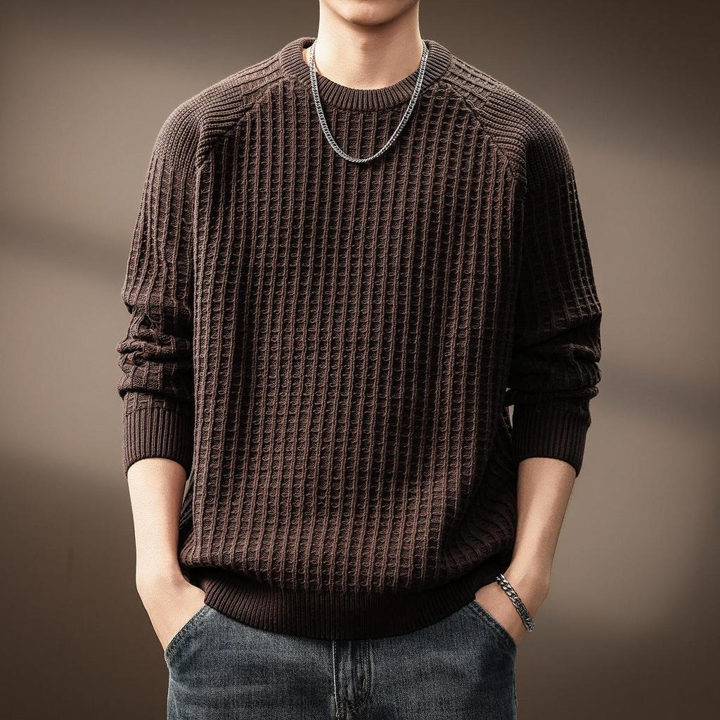 Men's High-End Waffle Knit Sweater: Autumn Winter Warm Casual Pullover