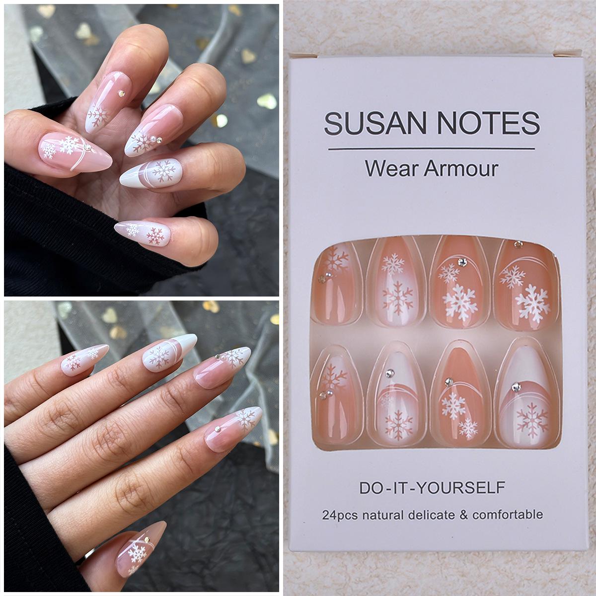 Winter Sparkle Diamond Snowflake Nail Art - 24 Almond-Shaped French Wearable Nails