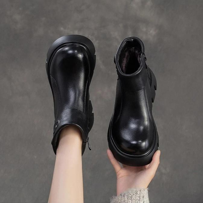 Johnature Warm Plush Women's Cotton Boots Retro Commuter Versatile Round Toe Thick Soled Ankle Boots