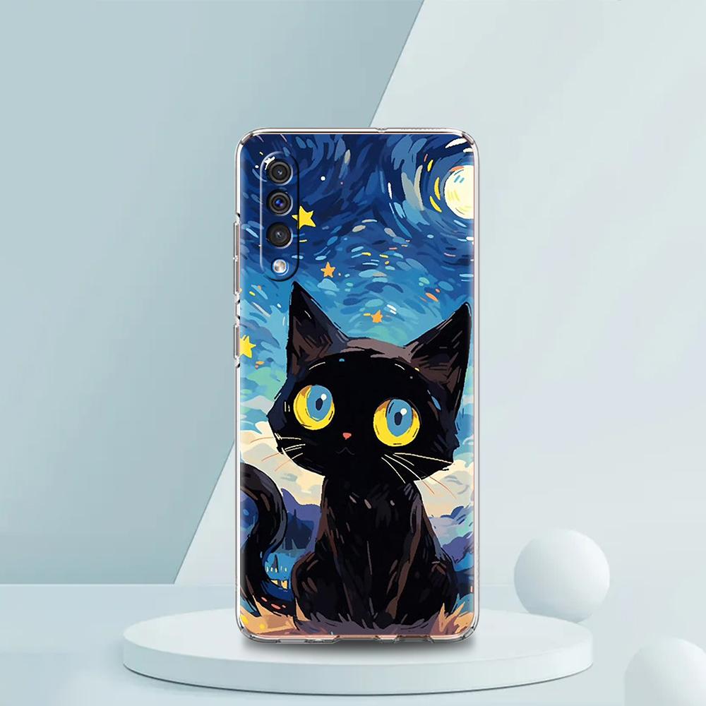 Artistic Black Cat Starry Night Case For Samsung A16 A14 A12 A22 A32 5G A34 A42 A52 A54 A50 A70 A30 A40 A20E A10S A02S A04S A06