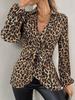 Camicetta da Donna con Stampa Leopardo Scollo a V Manica Lunga Nodo Frontale Camicia Casual da Ufficio Top Elegante alla Moda