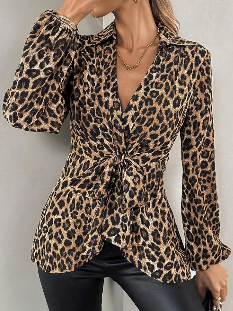 Camicetta da Donna con Stampa Leopardo Scollo a V Manica Lunga Nodo Frontale Camicia Casual da Ufficio Top Elegante alla Moda