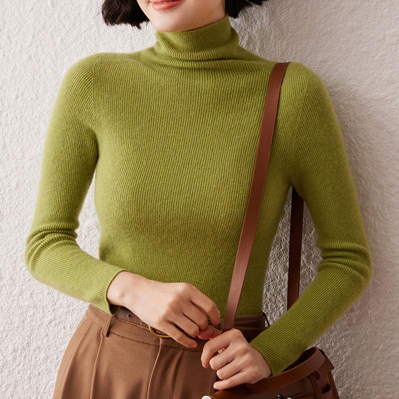 Women's High Neck Cashmere Sweater: Slim Fit Long Sleeve, Stacked Collar Knit for Autumn/Winter