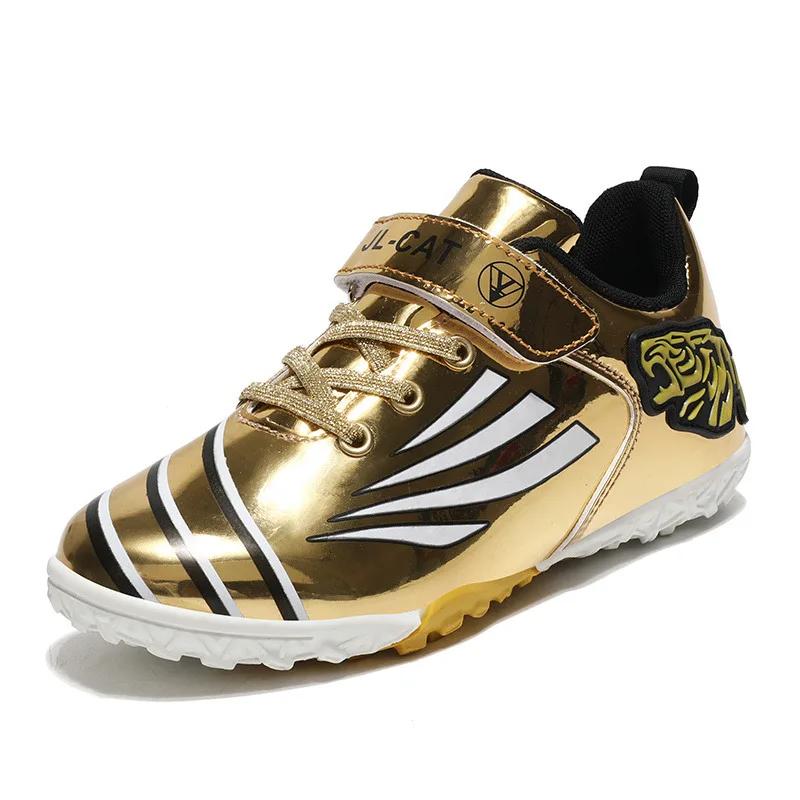 Fashion Gold Children's Football Shoes Outdoor Non-slip Turf Soccer Shoes Kids HOOK&LOOP Low-cut Sports Sneakers Child Trainers