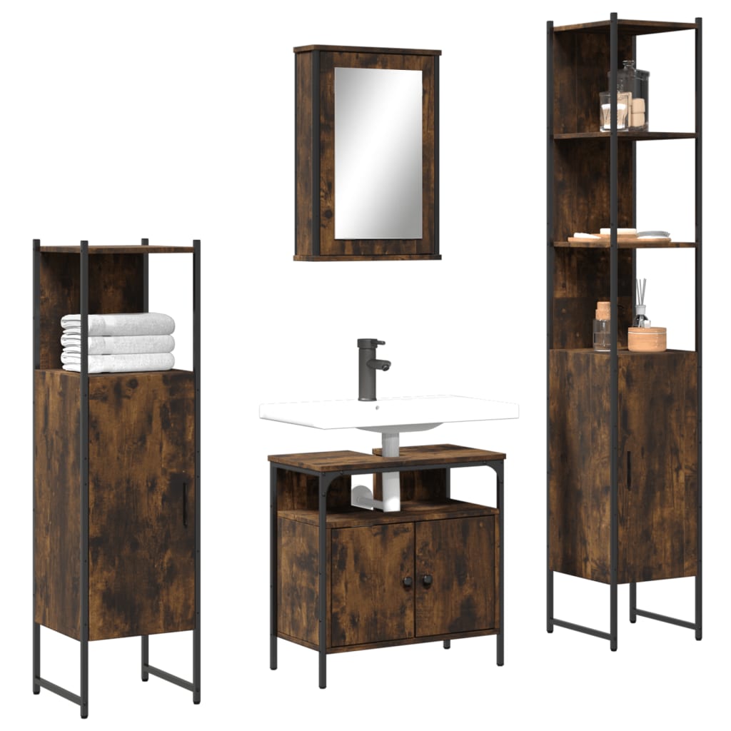 4 Piece Bathroom Furniture Set Smoked Oak Wood Based Material