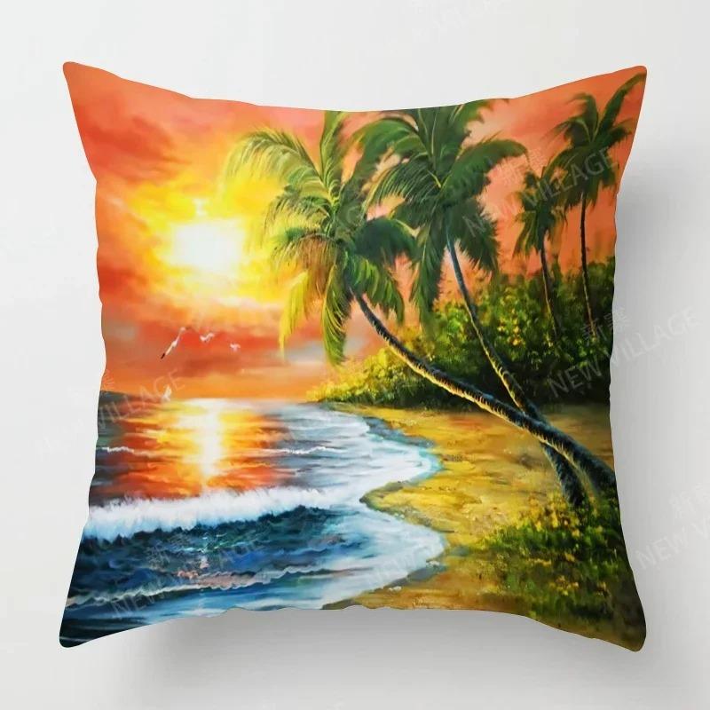 Sunset & Palm Tree Beach Pattern Double-Sided Printed Pillow Cover Short Plush Suitable Living Rooms Sofas Throw Cushion Cover