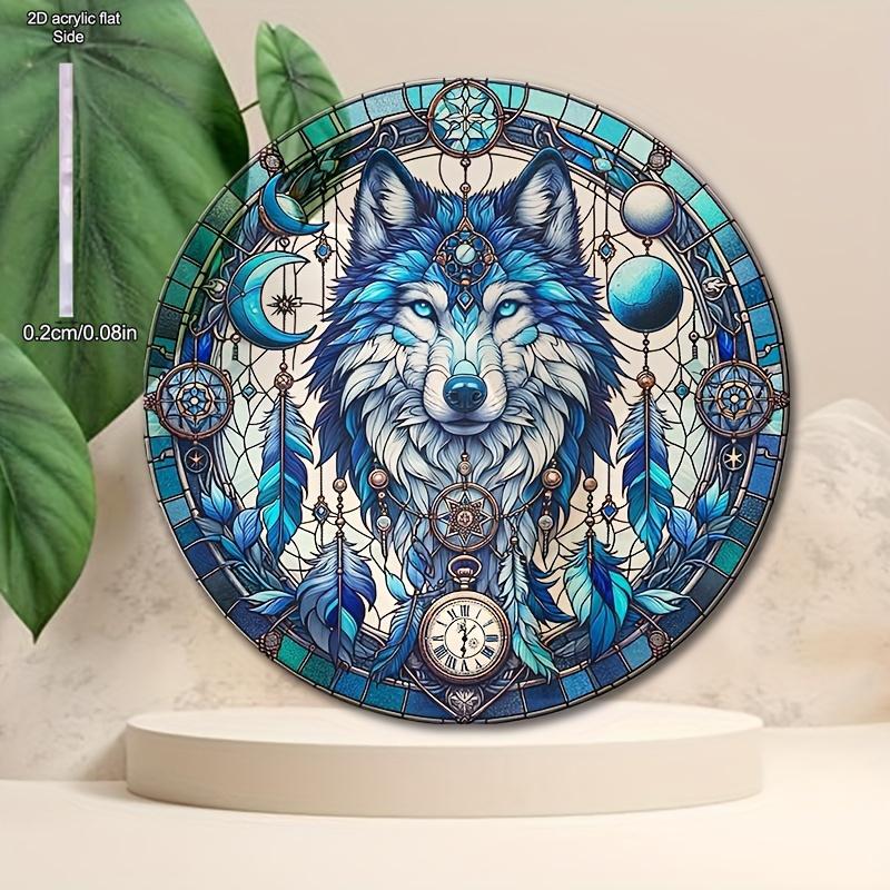 Wolf Sonne Acryl-Fänger, Acryl-Gitter im Buntglas-Stil, Traumfänger-Inspiration, Reflektierende Kunst für Haus & Garten, Kinderzimmer, Vintage-Wohnkultur