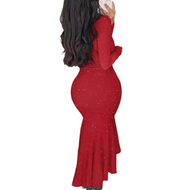Sexy Slim Butt Dress Long Sleeve V-Neck Hot Sequins Party Party Wedding Stretch Dress