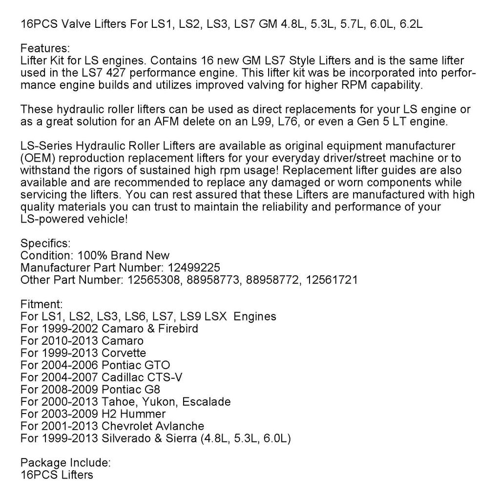 Hydraulic Roller Lifters Set 16 for Chevy 5.3 5.7 6.0 LS1 LS2 LS3 SBC LS7